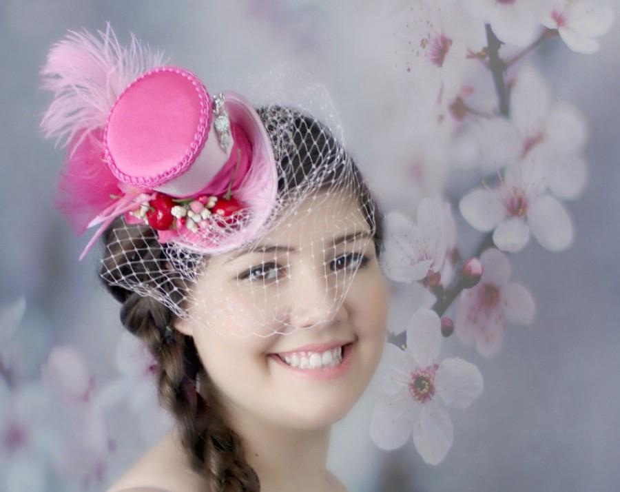 Wedding - Pink Mini Top Hat, Bridal Hat, Mini Hats, Tea Party Hat, Mad Hatter Hat, Pink Fascinator,  Top Hat, Women Mini Top Hat, Women Fascinator