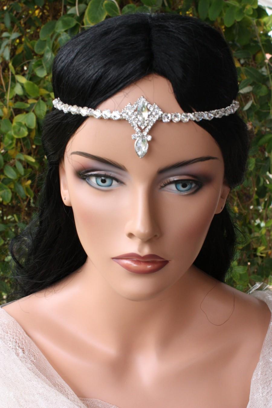 Wedding - Gorgeous Bridal Head Circlet  Head Piece with Rhinestones and Crystals, Large Centerpiece, Headband, Forehead, Ornate, Indian Style