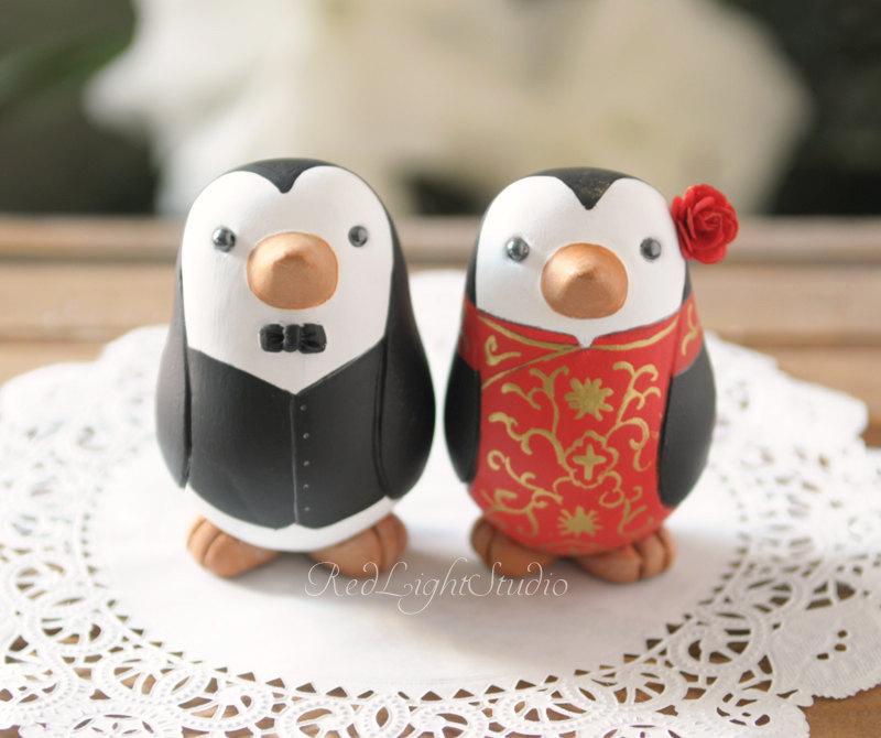 Wedding - Chinese Wedding Cake Topper - Medium Penguins