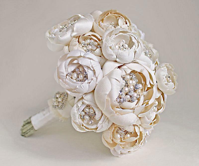 Hochzeit - Couture Silk Fabric Flower Crystal and Pearl Bouquet