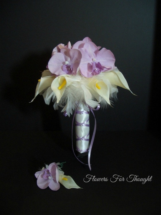 Свадьба - Orchid Bouquet with Callas and Feathers, FFT Design, Silk Pink Purple Phalaenopsis Bridal Wedding Flowers, Made to Order