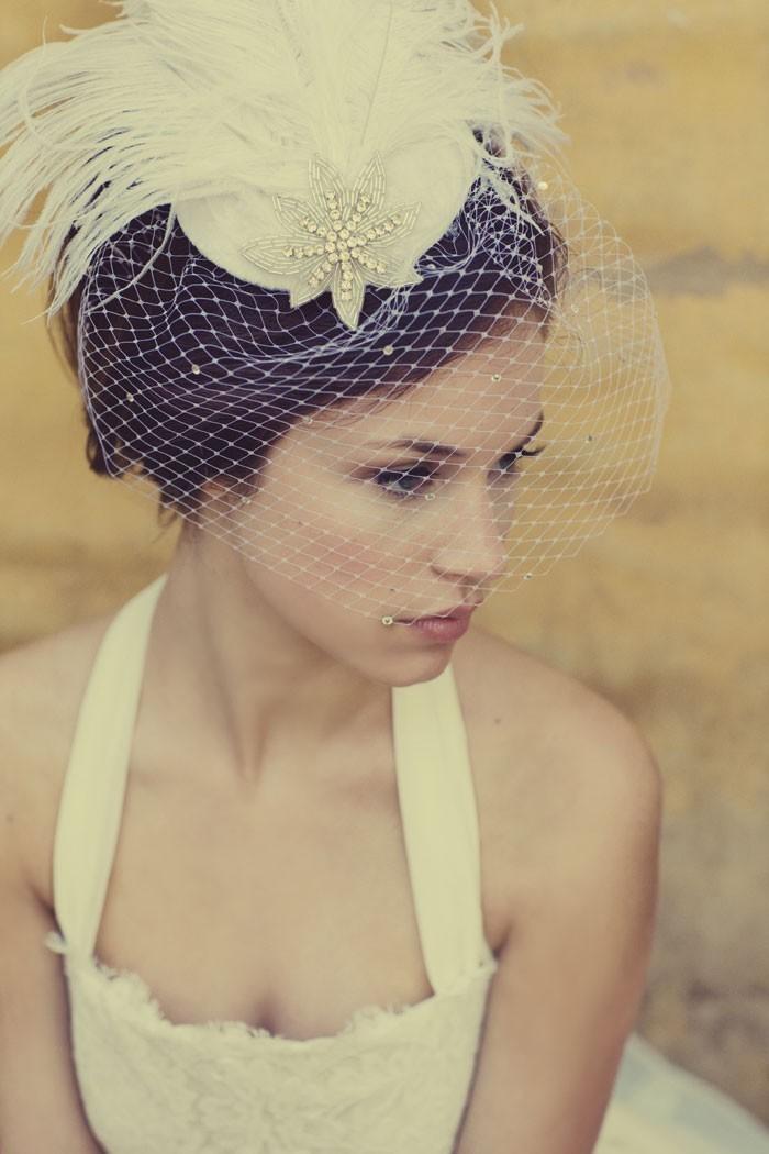 Hochzeit - Ivory White Birdcage Veil, Feather Fascinator, Silver Beaded Star, Head Piece, Bridal, Woman's Hat, Unique Bridal,  Batcakes Couture