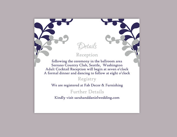 Hochzeit - DIY Wedding Details Card Template Editable Text Word File Download Printable Details Card Navy Blue Silver Details Card Enclosure Cards
