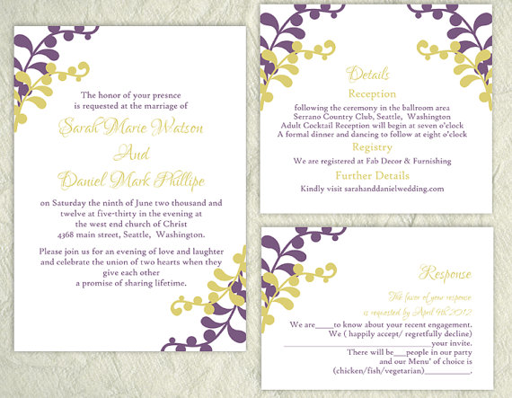 Свадьба - DIY Wedding Invitation Template Set Editable Word File Instant Download Eggplant Wedding Invitation Printable Green Wedding Invitations