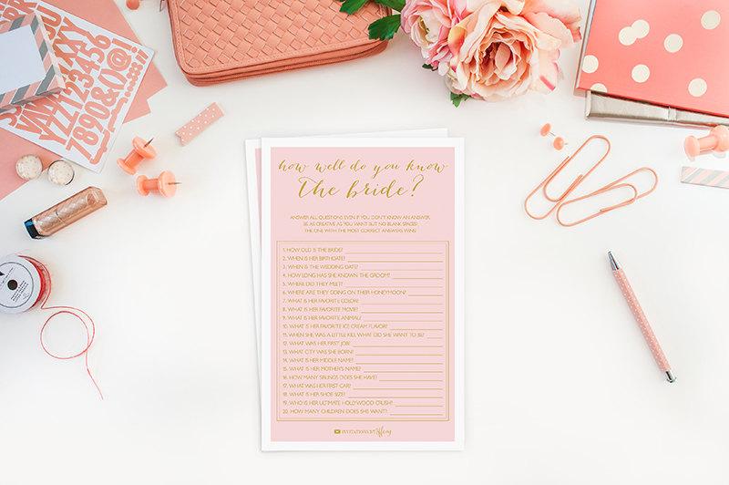 Wedding - Instant Download Printable Bridal Shower Card - How Well Do You Know the Bride - Pink and Gold - Bridal Shower Game - DIY
