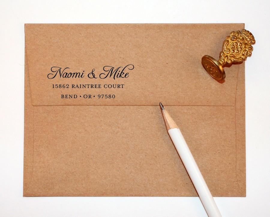 Mariage - Return Address Stamp calligraphy style, black self inking stamp, rubber stamp wood handle