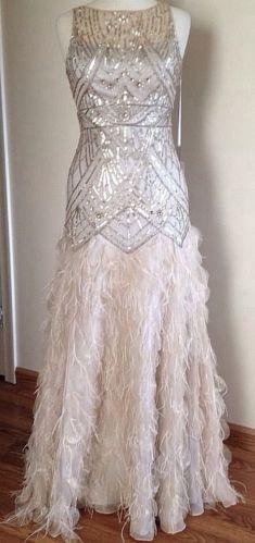 زفاف - SUE WONG GATSBY Feather Gown Dress Pageant Wedding Prom Champagne Silver 8 NEW