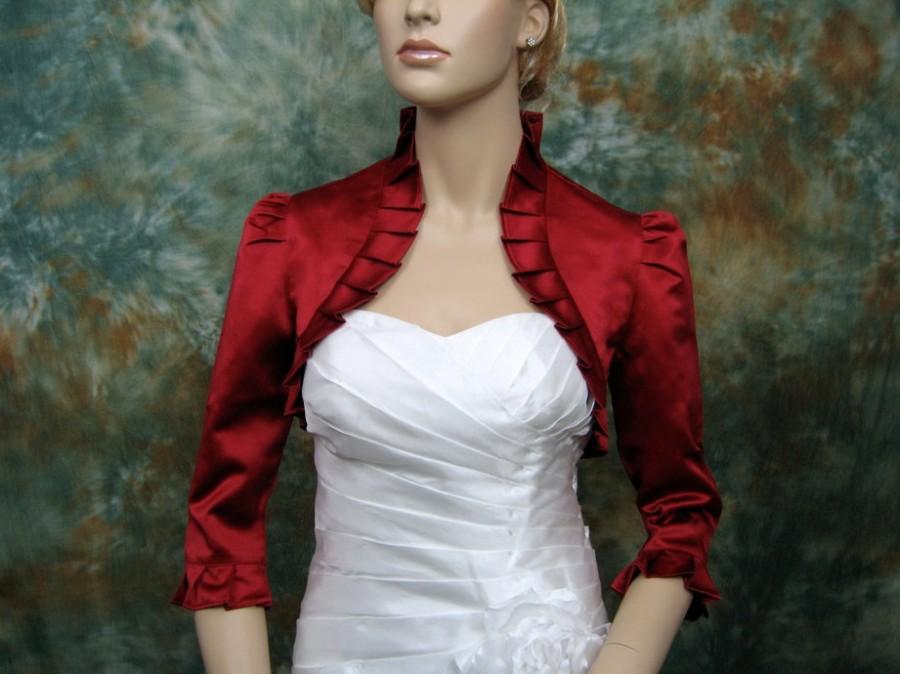 زفاف - Wine Red 3/4 sleeve satin wedding bolero jacket shrug