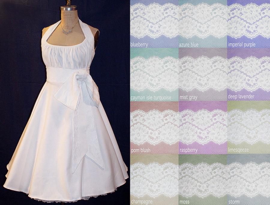 Mariage - Custom Gorgeous Organic Cotton Dress with Heavy Corded Lace Trim Midriff, Bow and Halter or Cross Strap... Beach, Rustic, Vintage Wedding...