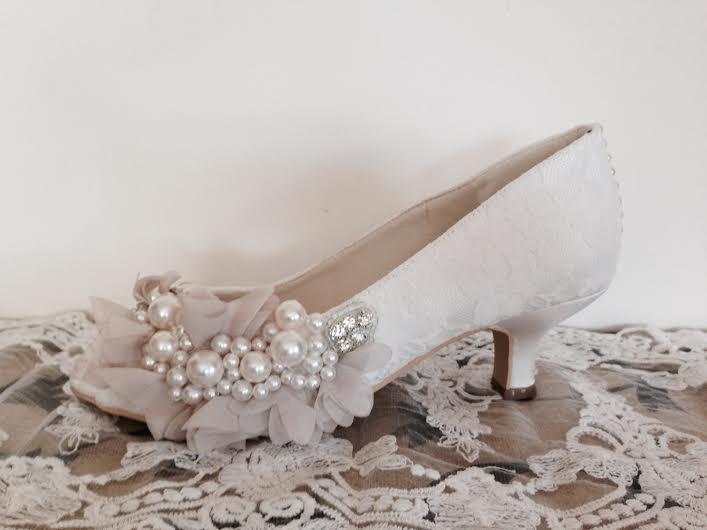 Hochzeit - Custom Peep Toe Lace Low Heel Ivory Bridal Special Occasion Shoe Bride All Lace Pearl Rhinestone