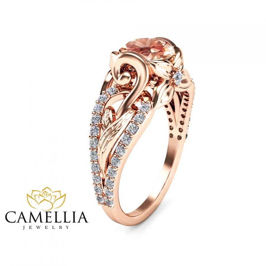 زفاف - 14K Rose Gold Morganite Engagement Ring Unique Peach Pink Morganite Ring Leaf Design Engagement Ring Art Deco Styled Ring