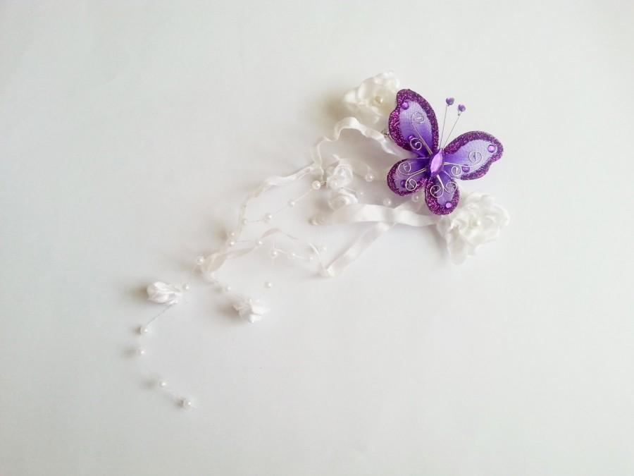 زفاف - Barrette wedding hair clip in vintage style wedding cadberry purple butterfly hand made silk flower faux pearls