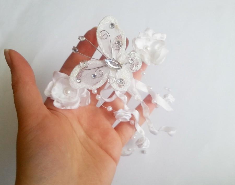 زفاف - White barrette wedding hair clip wedding first communion butterfly hand made silk flower faux pearls