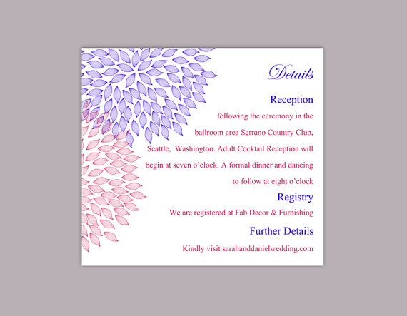 Hochzeit - DIY Wedding Details Card Template Editable Text Word File Download Printable Details Card Purple Fuchsia Details Card Floral Enclosure Cards