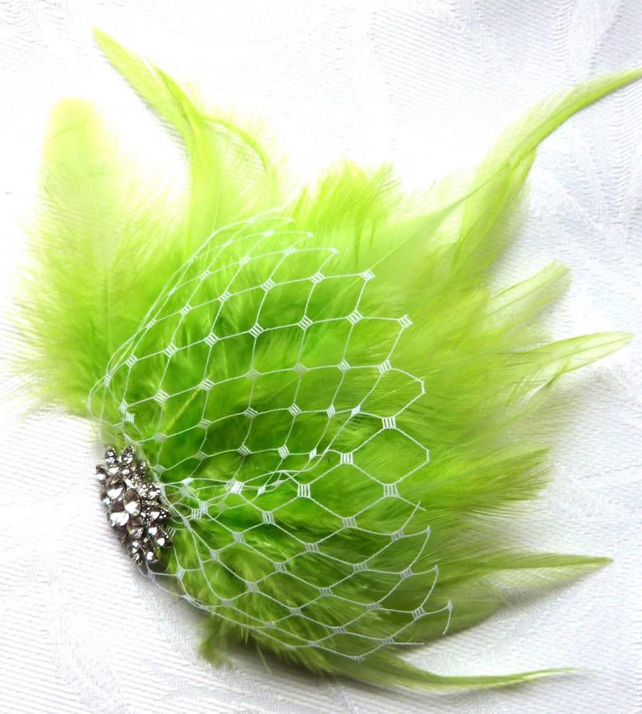Hochzeit - Wedding hair fascinator lime green feathers hair clip bridal hair clip apple green fascinator