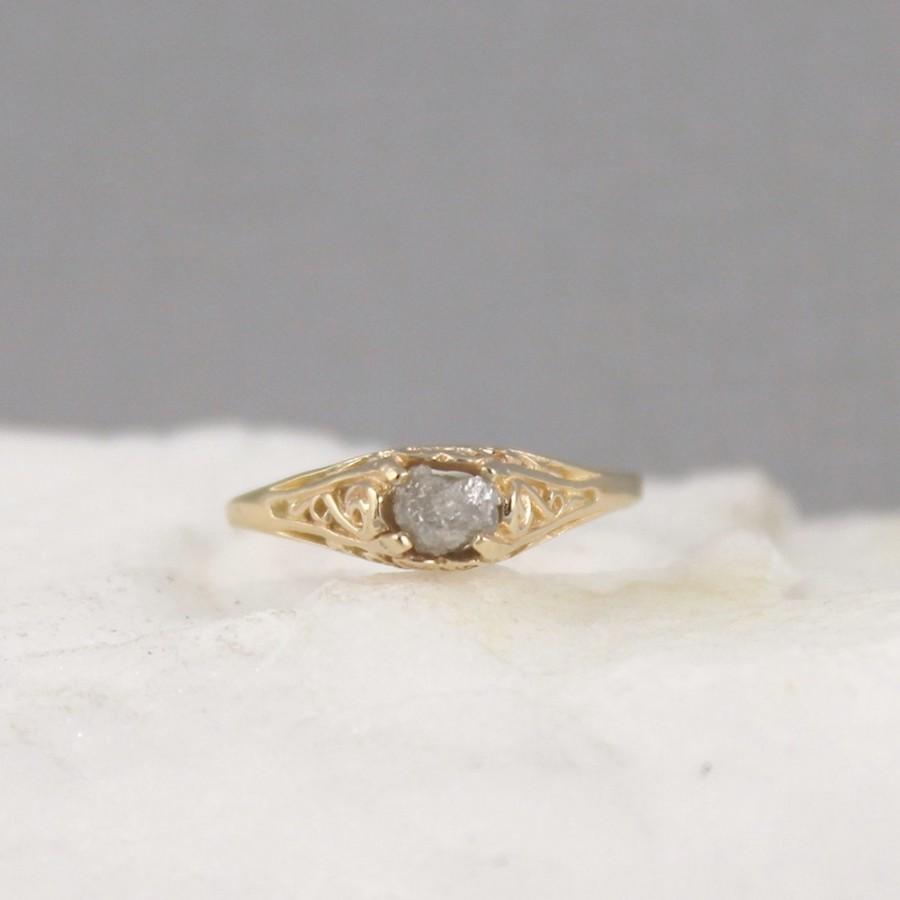 Mariage - Raw Diamond Engagement Ring - 14K Yellow Gold - Antique Style Ring - Filigree - April Birthstone - Raw Gem Rings - Rough Uncut Diamond Ring