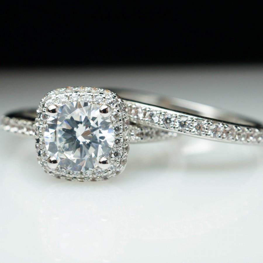 Hochzeit - Vintage Style Diamond Cushion Shape Halo Engagement Ring & Matching Wedding Band 14k White gold 14k Yellow Gold Platinum Rose Gold Custom
