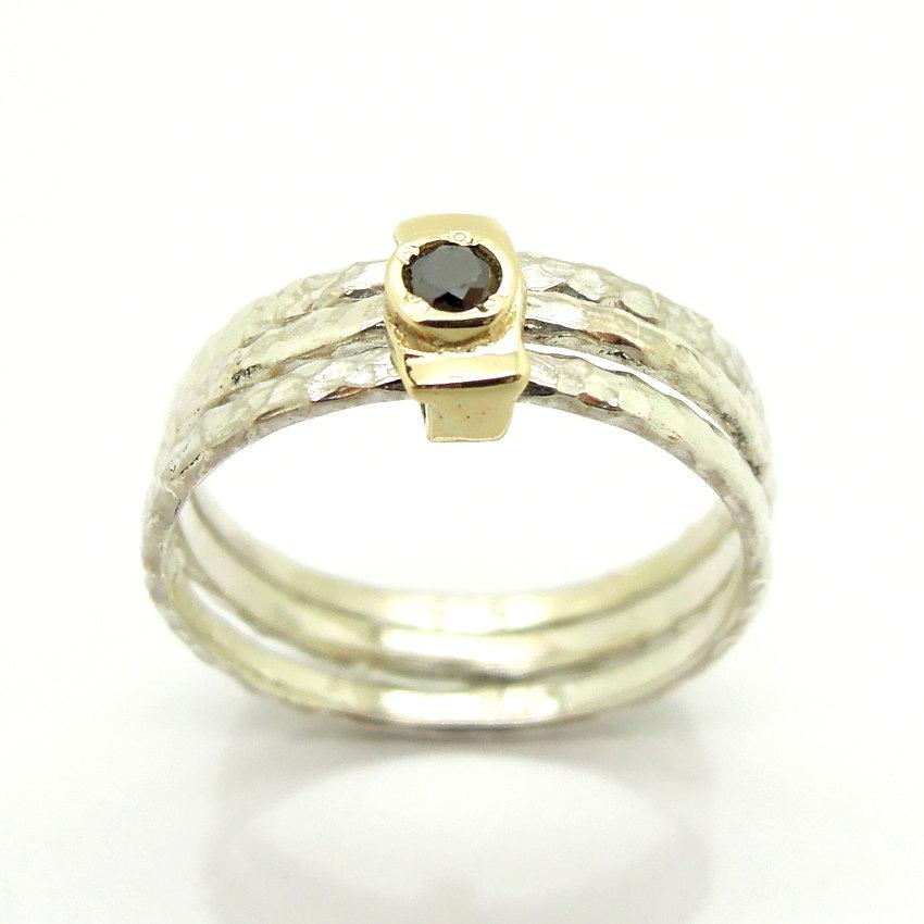 Wedding - Black diamond ring set in gold stacking hammered silver bands