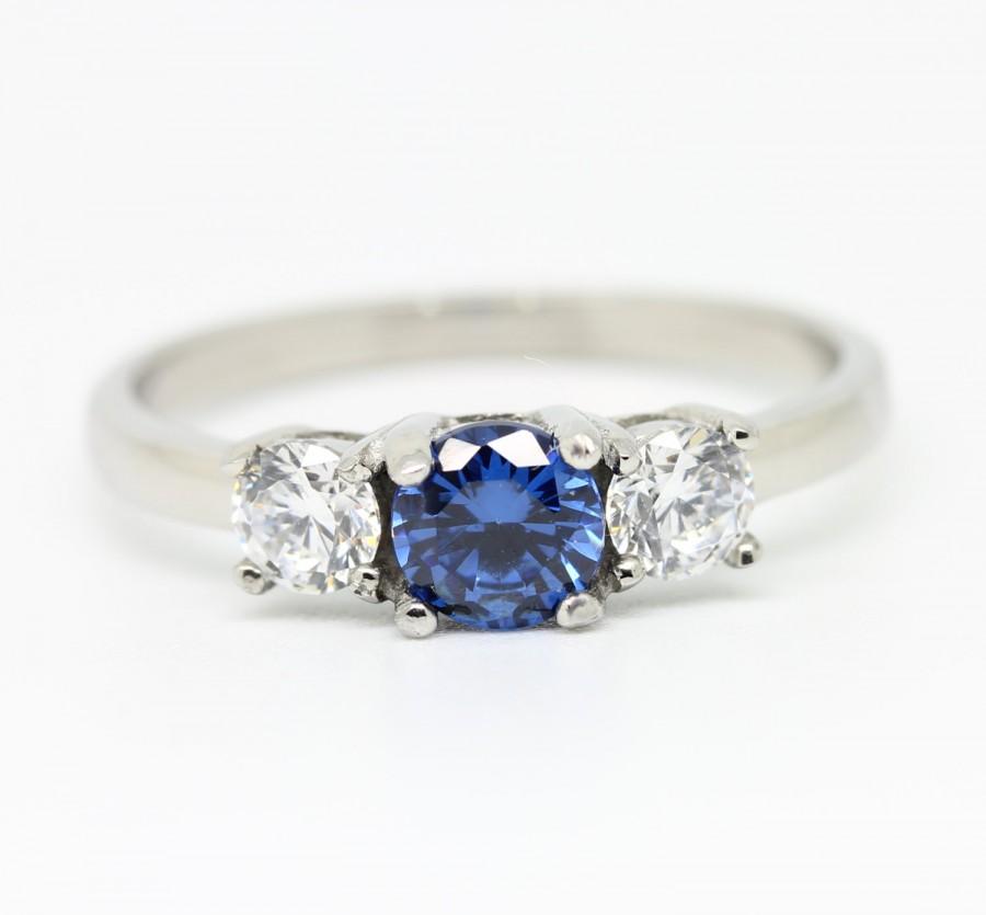 زفاف - 1ct genuine london blue topaz and white sapphire Trilogy ring - Available in Sterling silver or titanium - engagement ring - wedding ring