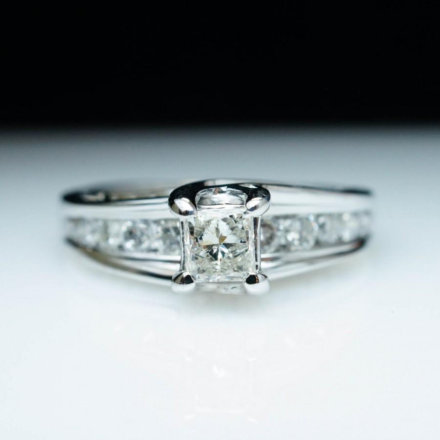 Hochzeit - Vintage .80cttw Princess Cut Diamond Engagement Ring - 14k White Gold - Size 5 - Free Sizing - Layaway