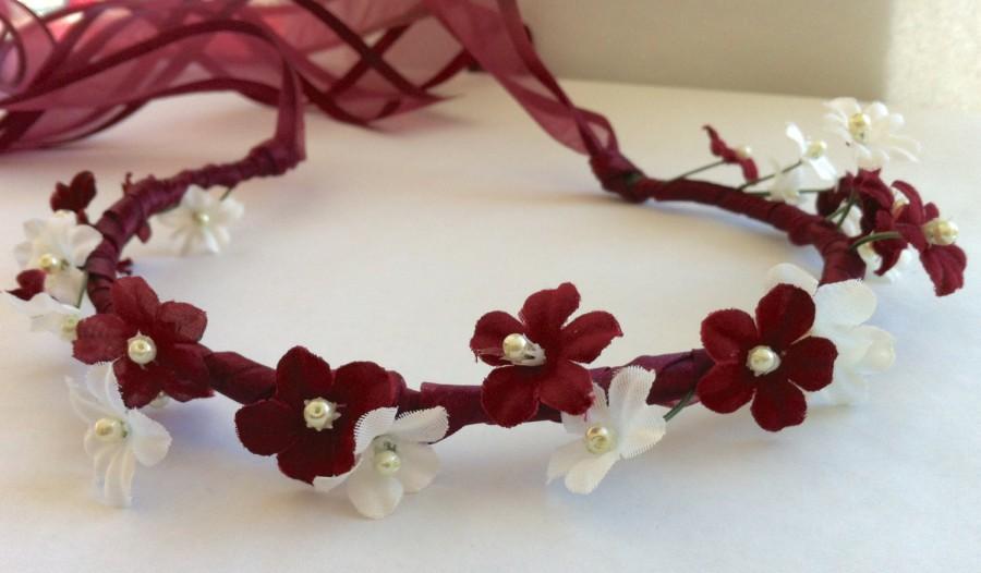 Mariage - 28 Flower Dual Color Floral Bridal or Flower Girl Ribbon Crown Halo Head Piece Wreath Garland Burgundy Ivory Red C-Linda