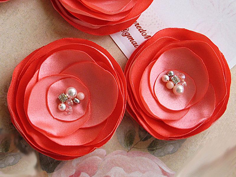 Свадьба - Coral Satin Flowers - Wedding Hair Clips for a Bride, Shoe Clip, Brooch for Bridesmaids, Flower Girl, Special Occasion, Photo Prop