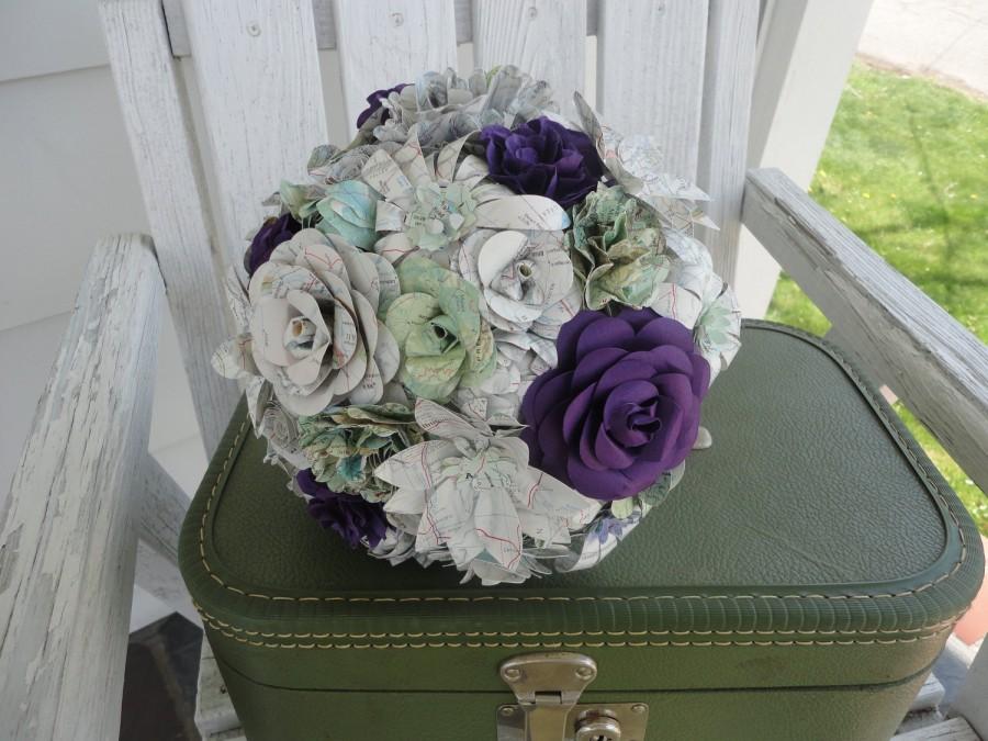Mariage - Eco Friendly Paper Flower Bouquet - Maps Purple Rose Peony Daisy Rosette