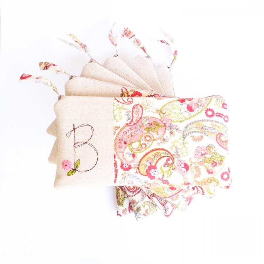 Wedding - Monogram Bridesmaid Clutches, Set of 6 Bridesmaid Gifts, Pink Coral Yellow Wedding Accessories MADE TO ORDER by MamaBleuDesigns