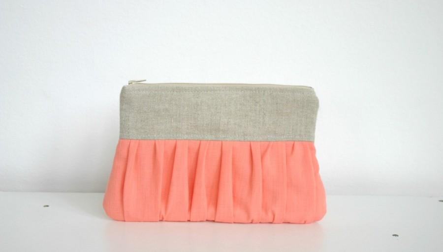 Mariage - Coral Salmon Pink Bridal bridesmaid linen pleated Clutch Ruched Purse wedding clutch
