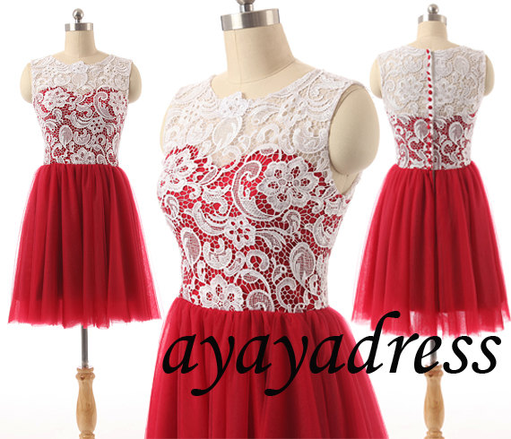 Свадьба - Lace prom dress,Lace Bridesmaid Dress ,Prom Dress,short red wine Tulle Bridesmaid Dress,evening dress,short party dress,formal dress