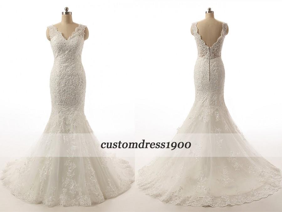 Свадьба - Elegant Cap Sleeve Sweep Train Handmade Lace Wedding Dress Sexy V-Back Ivory Bridal Gowns