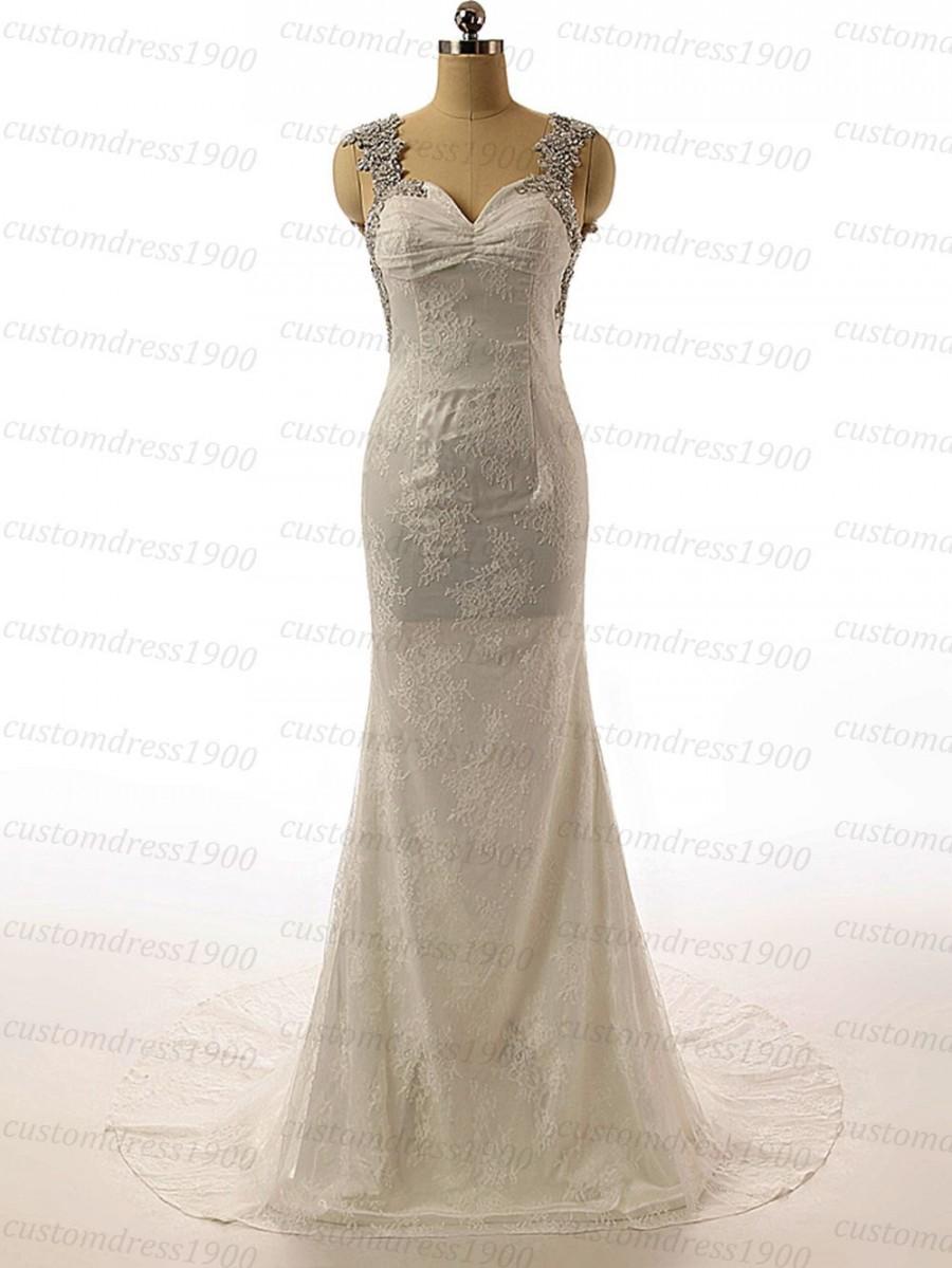 Mariage - Vintage Cap Sleeve Sexy Open Back Bridal Gowns Handmade Sweep Train Ivory Mermaid Lace Wedding Dress