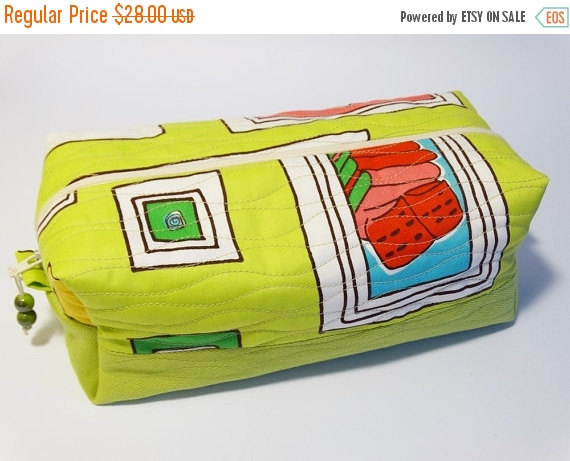 Wedding - Travel Box Bag, Cosmetic bag apple green, Denim pouch for craft supplies, Arts Girl gift, Abstract paintings bag