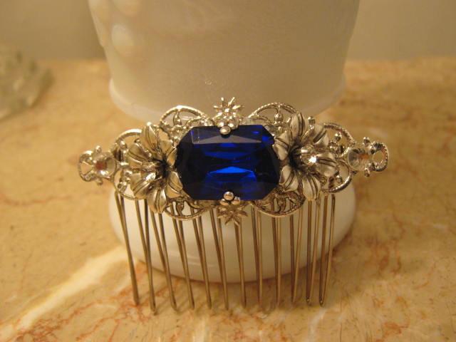 Свадьба - SAPPHIRE blue hair comb Bridal comb Wedding comb hair accessories something blue hair comb hair jewelry silver filigree comb flower comb