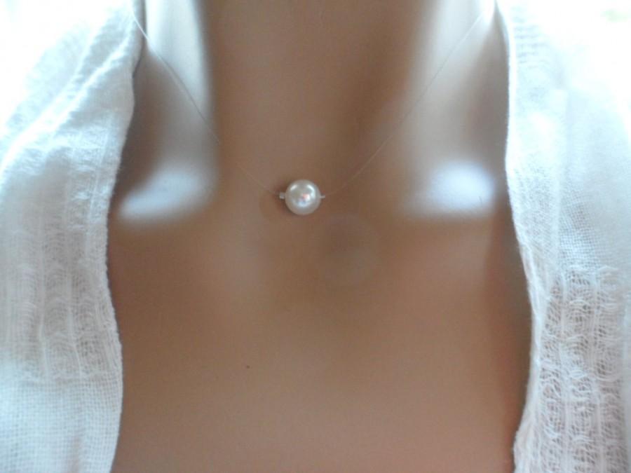 زفاف - Floating White Pearl- Illusion Pearl Necklace - Single White Floating Pearl Illusion Necklace