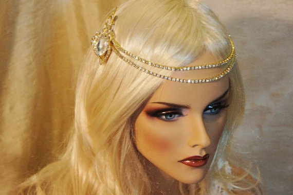 Hochzeit - Double Gold Crystal Brooch Headband, Bridal Vintage Gold Brooch, Bohemian, Halo, Bride Gold Rhinestone, Gold Crystal Brooch Headband~