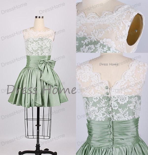 Mariage - Custom Vintage Lace Green Homecoming Dress With Bow - Lace Homecoming Dress/ Vintage Bridesmaid Dress / Blue Bridesmaid Dresses DH160