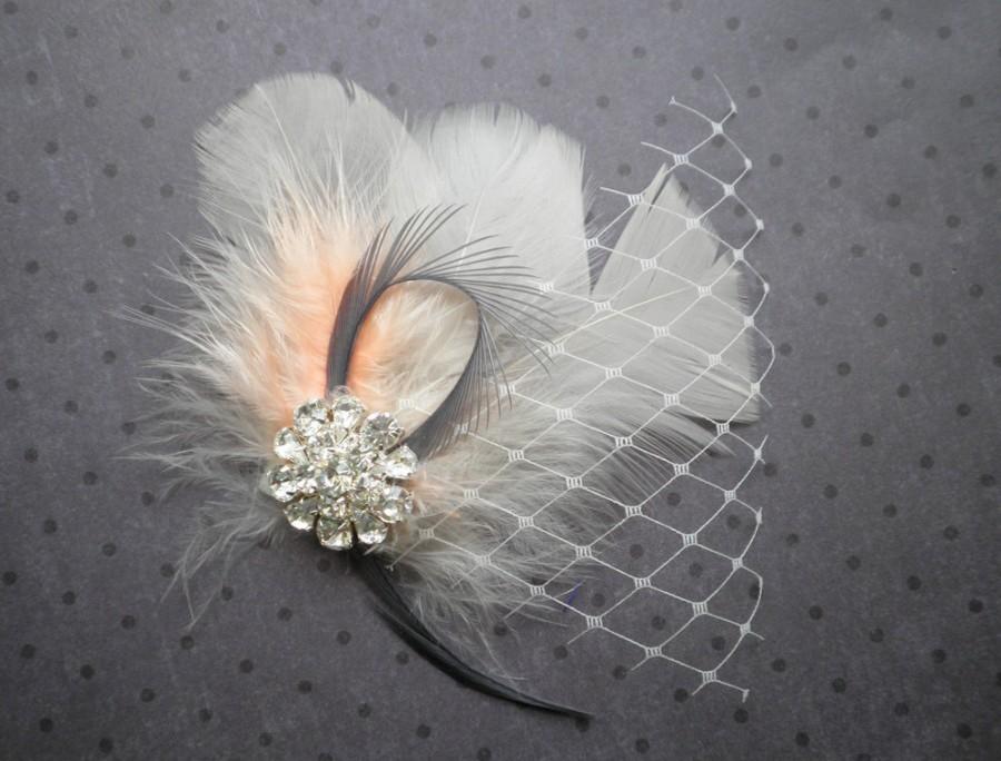 زفاف - Bridal, feather, veil, fascinator, wedding, hair, accessories, feathered, clip, Ivory, Peach, Gray, Orange, facinator - PEACH PRETTY