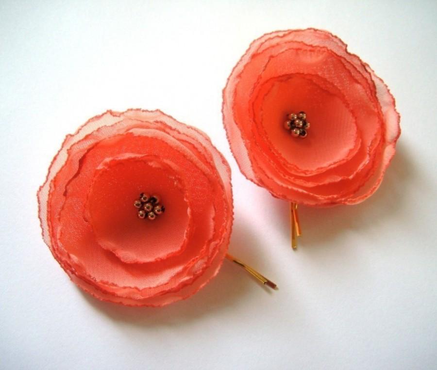 زفاف - salmon coral rose blossom flower bobby pins (2 pieces)