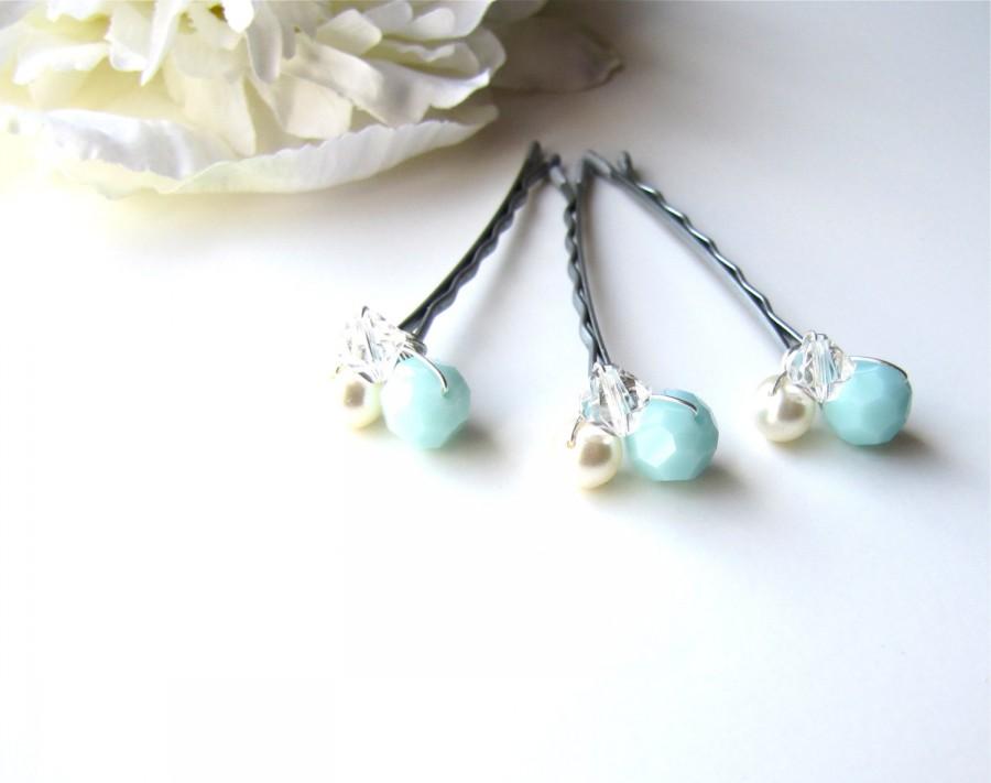 Wedding - Mint Green and Ivory Hair Pins, Pearl and Swarovski Crystal