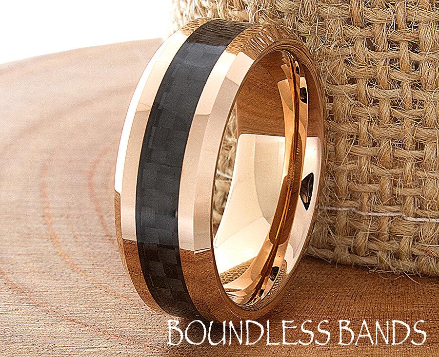 Tungsten Rose Gold Wedding Band Polished Beveled Edges 8mm Black Carbon Fiber Inlay Comfort Fit Mens Womens Anniversary Ring Free Engraving 