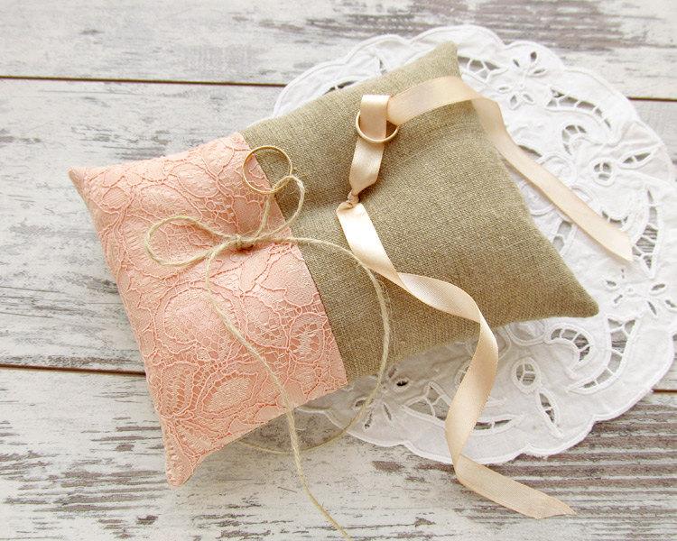 Hochzeit - Burlap and lace wedding pillow, ring bearer pillow, coral lace ring pillow, pink bridal pillow, burlap ring pillow