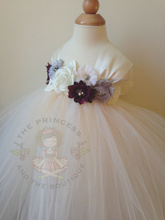 Wedding - flower girl dress, ivory and champagne tutu dress, ivory flower girl dress, champagne girls dress, eggplant girls dress, gray girls dress