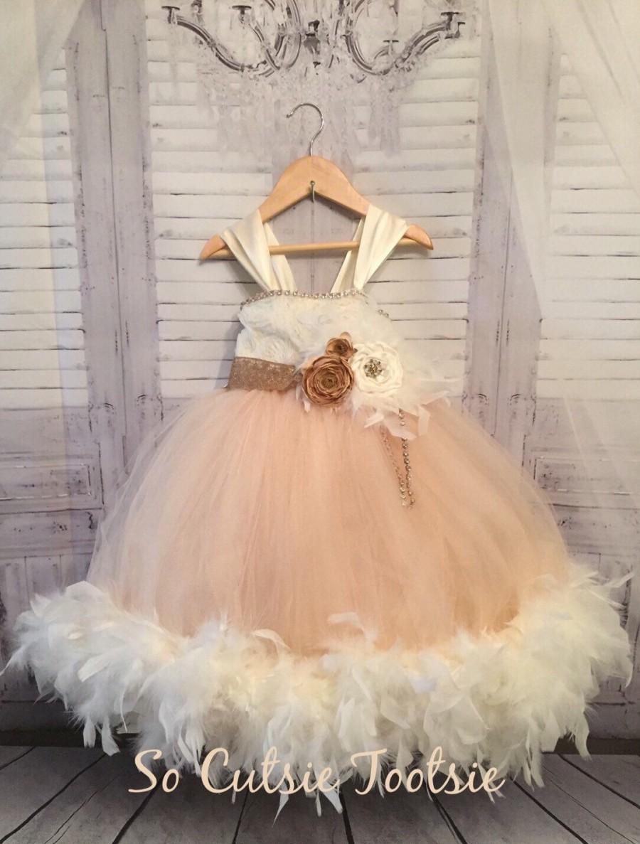 Wedding - Rustic Feather Flower Girl Dress- ivory flower girl dress - champagne flower girl dress- shabby chic- rustic  flower girl