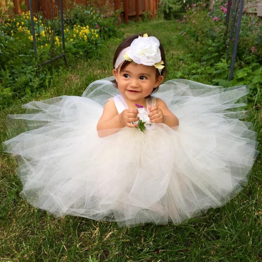 Mariage - Flower Girl Dress Tutu Ivory Baby Blessing Dress Tulle Flower Girl Tutu Dresses Baby Tutu Dress Infant Satin Ribbon Custom Flower Girl Dress