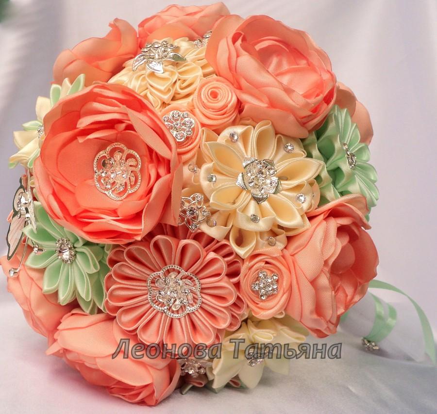 Hochzeit - Fabric Wedding Bouquet, brooch bouquet "Peach and mint", Peach, Green and White