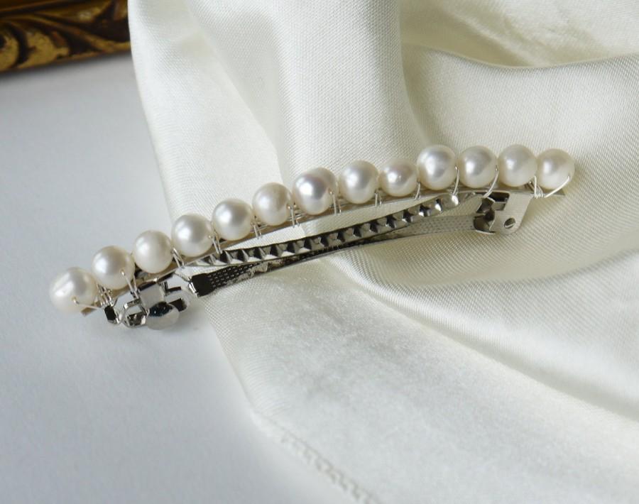 Hochzeit - pearl hair barrette - freshwater ivory white round pearl hair barrette clip slide pin for wedding or prom silver