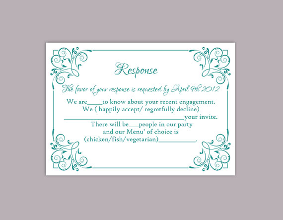 Hochzeit - DIY Wedding RSVP Template Editable Text Word File Download Printable RSVP Cards Teal Rsvp Card Template Blue Rsvp Card