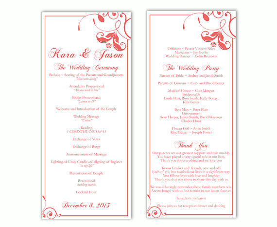 Mariage - Wedding Program Template DIY Editable Text Word File Instant Download Program Red Program Floral Program Printable Wedding Program 4x9.25