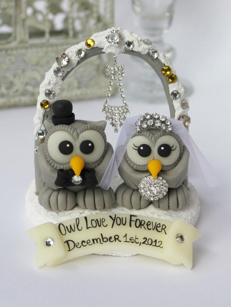 Mariage - Owl bling cake topper, love bird wedding cake topper with snow base, arch and banner, winter wedding